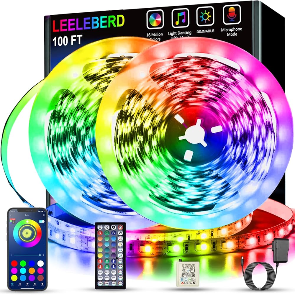 100 ft LED Strip Lights for Bed room (2 Rolls of fifty ft) – Music Sync, Colour Altering RGB LED Lights with Bluetooth Distant App Management for Residence, Room, and Kitchen