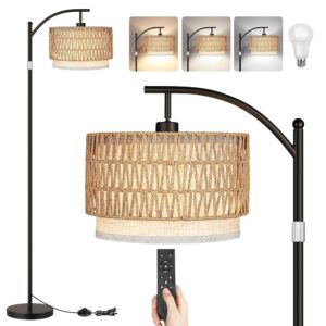 Bohemian Rattan Flooring Lamps for Dwelling Room – Standing Arc Lamps with Double Rattan & Linen Shades, Contains 9W Bulb and Foot Swap, Excellent for Bed room Decor