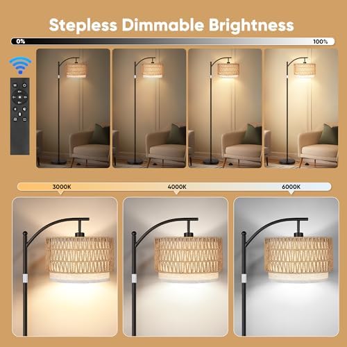 Bohemian Rattan Flooring Lamps for Dwelling Room - Standing Arc Lamps with Double Rattan & Linen Shades, Contains 9W Bulb and Foot Swap, Excellent for Bed room Decor