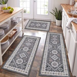 HEBE 3-Piece Boho Kitchen Rug Set with Non-Slip Runner – Washable Thick Kitchen Mats and Flooring Carpets for Hallway and Laundry