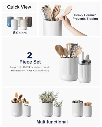 LE TAUCI Ceramic Utensil Holder, 7.3” + 5.4” Countertop Crocks for Kitchen Utensils, Spacious Trendy Organizer for Spatulas and Cooking Instruments