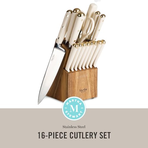 Martha Stewart 16-Piece Lockton Excessive Carbon Stainless Metal Knife Block Set with ABS Triple Riveted Cast Handles in Acacia Wooden - Linen White with Gold Accents