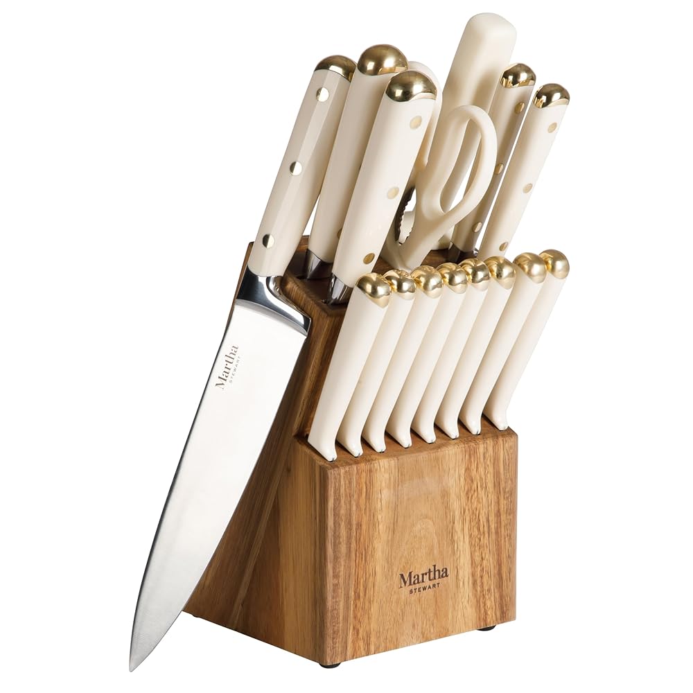 Martha Stewart 16-Piece Lockton Excessive Carbon Stainless Metal Knife Block Set with ABS Triple Riveted Cast Handles in Acacia Wooden – Linen White with Gold Accents