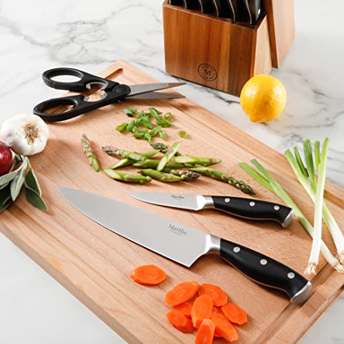 Martha Stewart Greeley 14-Piece Triple-Riveted Cutlery Knife Set with Acacia Wooden Block and Comfy Grip Handles - Black