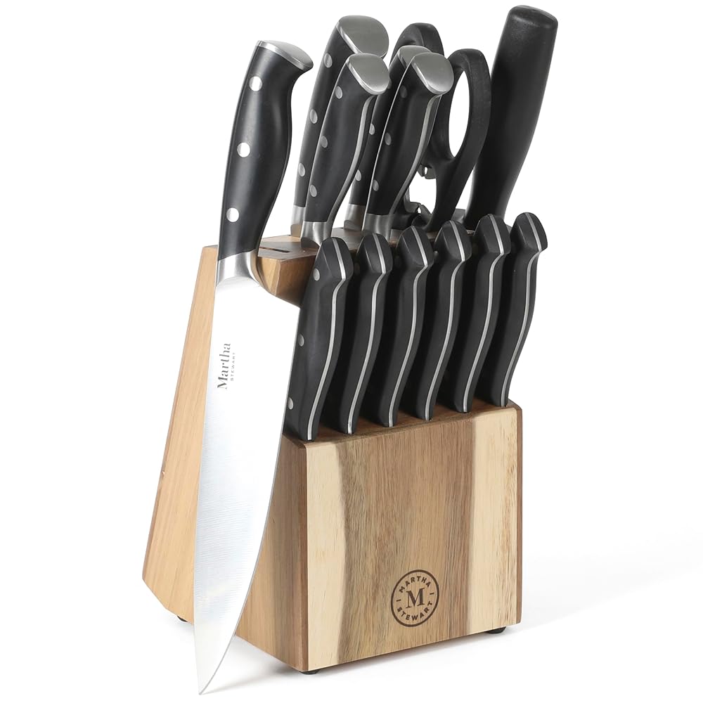 Martha Stewart Greeley 14-Piece Triple-Riveted Cutlery Knife Set with Acacia Wooden Block and Comfy Grip Handles – Black