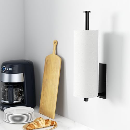 Matte Black Wall-Mounted Paper Towel Holder - SUS304 Stainless Metal, Self-Adhesive or Drill Set up for Underneath-Cupboard Use