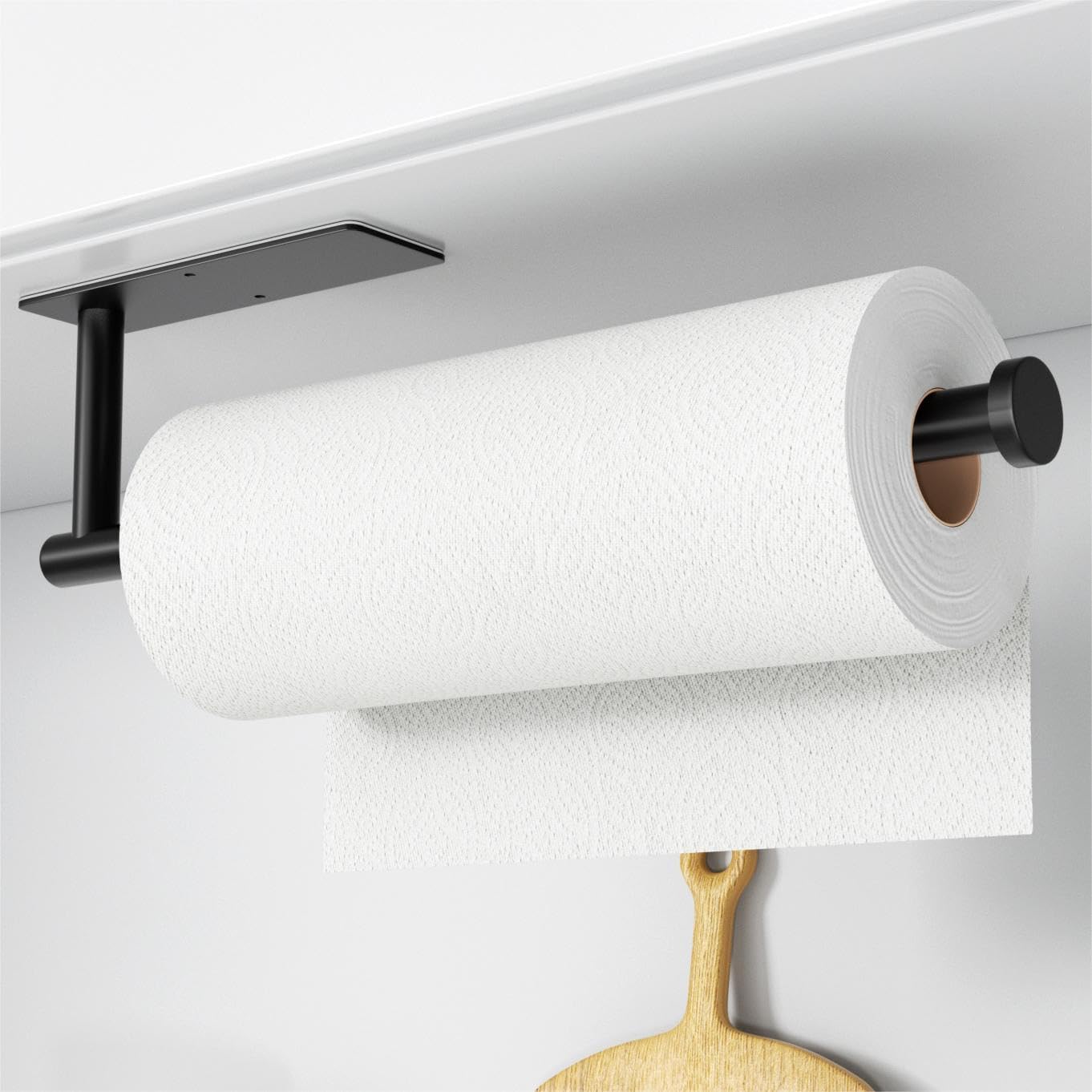 Matte Black Wall-Mounted Paper Towel Holder – SUS304 Stainless Metal, Self-Adhesive or Drill Set up for Underneath-Cupboard Use