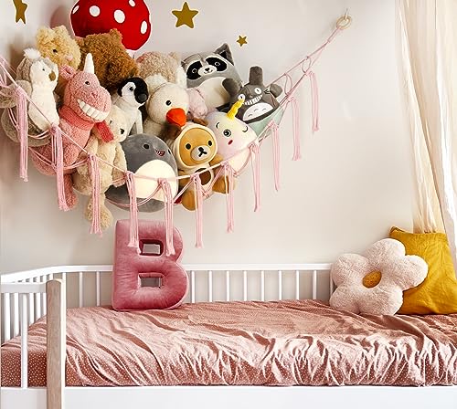 Outsized Stuffed Animal Storage Hammock for Nook - Pink Room Decor for Teen Ladies - Cute Hanging Organizer for Toys and Stuffed Animals - Boho Model Nursery and Dorm Room...