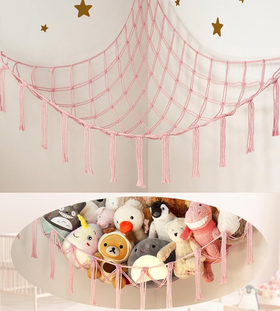 Outsized Stuffed Animal Storage Hammock for Nook – Pink Room Decor for Teen Ladies – Cute Hanging Organizer for Toys and Stuffed Animals – Boho Model Nursery and Dorm Room…