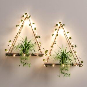 RICHER HOUSE Synthetic Ivy LED Strip Wall-Mounted Shelf Set of two, Macrame Show Cabinets for Bed room, Toilet, Residing Room, and Kitchen, Wood Hanging Plant Cabinets for Wall…