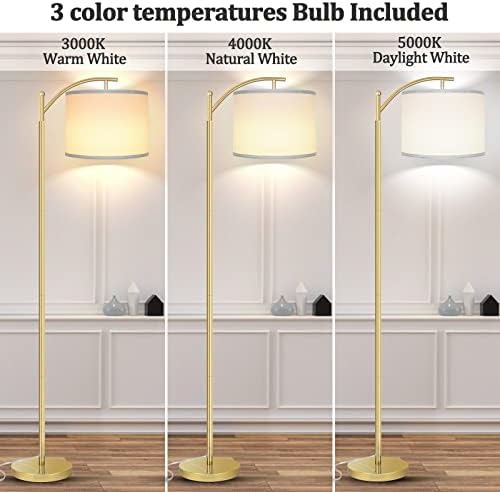 ROTTOGOON Tall Industrial Ground Lamp for Residing Room with 3 Coloration Temperature LED Bulb - Excellent for Studying in Bed room or Workplace (9W LED Bulb, White Lampshade)