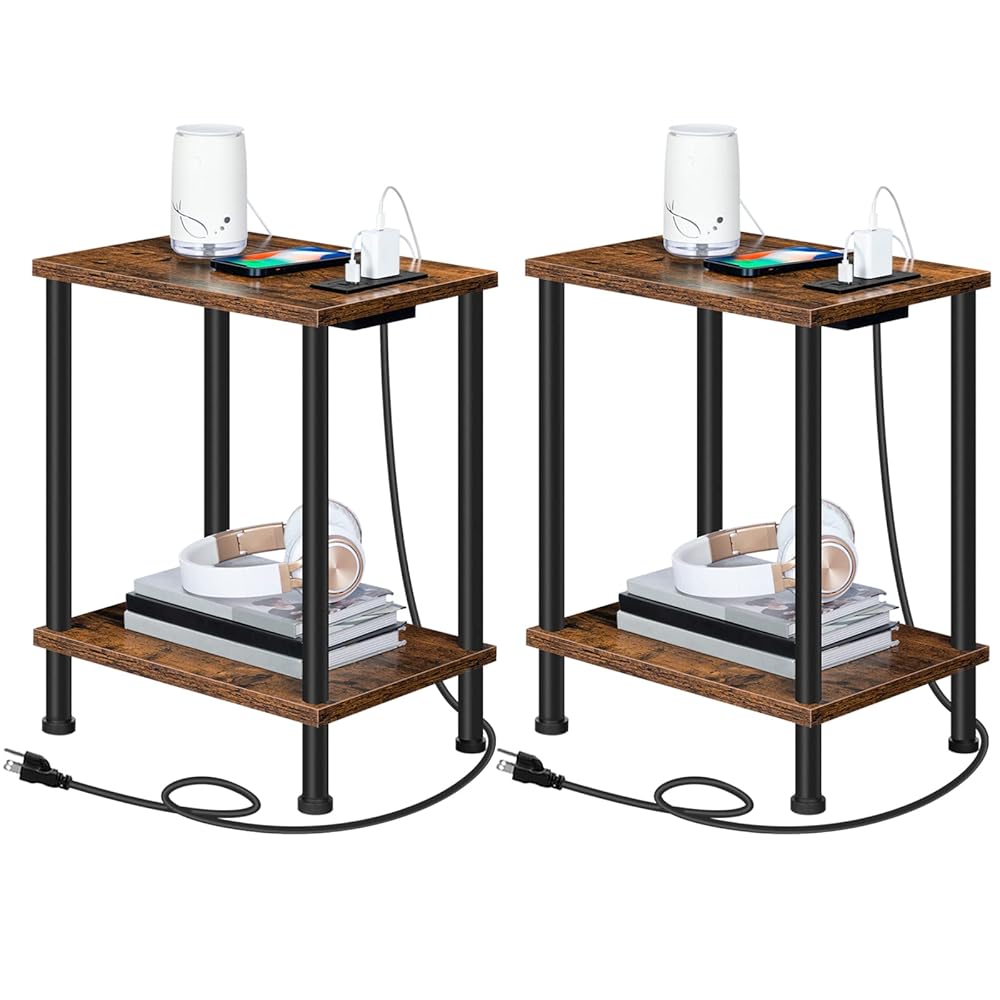 Set of two HOOBRO Aspect/Finish Tables with Charging Station, USB Ports, and Retailers, That includes 2-Tier Storage Cabinets for Small Areas – Rustic Brown Nightstands for Residing Room and…