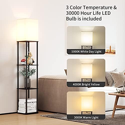 SUNMORY Fashionable Sq. Flooring Lamp with Cabinets, 3-Coloration Temperature Bulb, Nook Bookshelf Lamp for Residing Room and Bed room (Black)