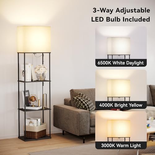 SUNMORY Spacious Flooring Lamp with Cabinets - 4-Tier Trendy Standing Gentle That includes a 3-Colour Temperature Bulb, Tall Shelf Flooring Lamp, Nook Show Bookshelf Lamp for Dwelling Areas