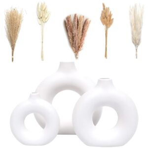 VELOVA Set of three White Ceramic Vases with 65 PCS Dried Pampas Grass – Aesthetic Boho Fashionable Small Spherical Vases for Residing Room, Espresso Desk, Shelf, Bed room, and Workplace Decor