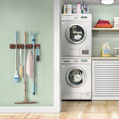 Wall-Mounted Mop and Broom Holder with 3 Slots and 4 Hooks - Rustic Picket Organizer for Pantry and Kitchen - Backyard Device Storage for Closet and Laundry Room - Farmhouse Model