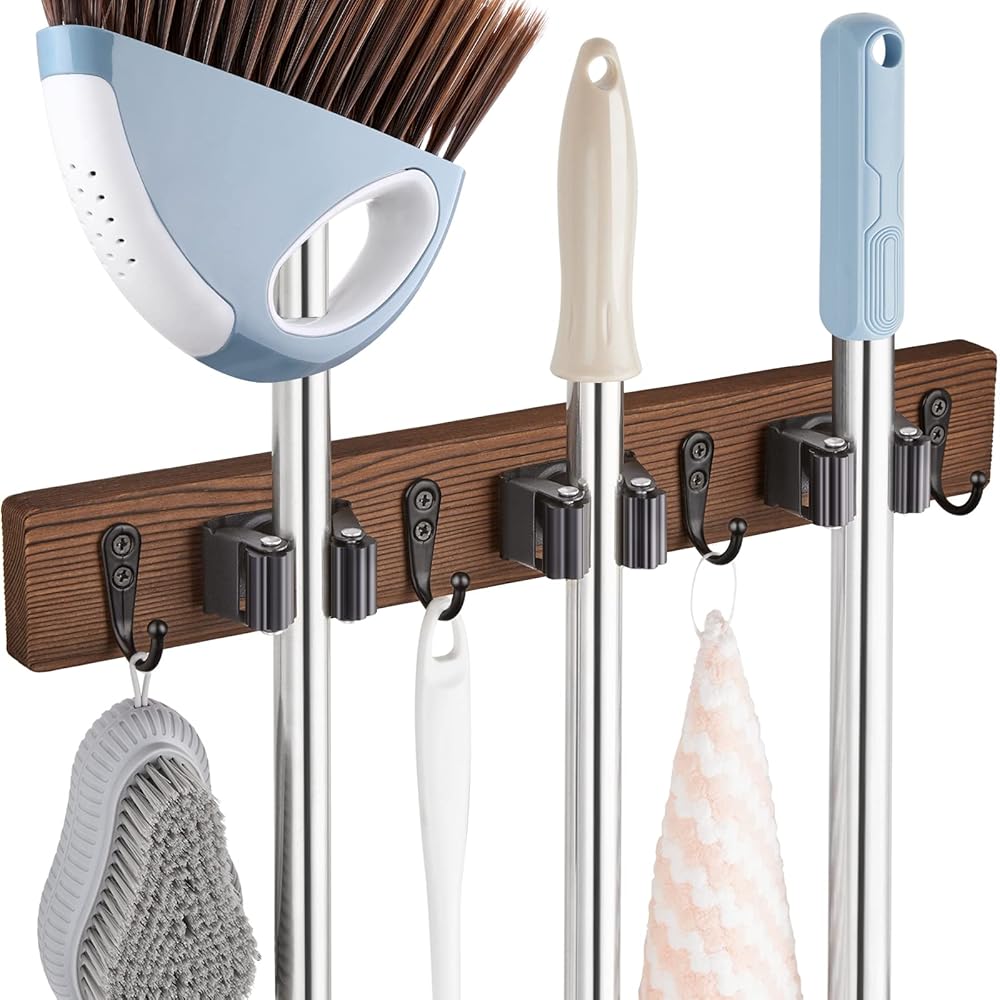 Wall-Mounted Mop and Broom Holder with 3 Slots and 4 Hooks – Rustic Picket Organizer for Pantry and Kitchen – Backyard Device Storage for Closet and Laundry Room – Farmhouse Model